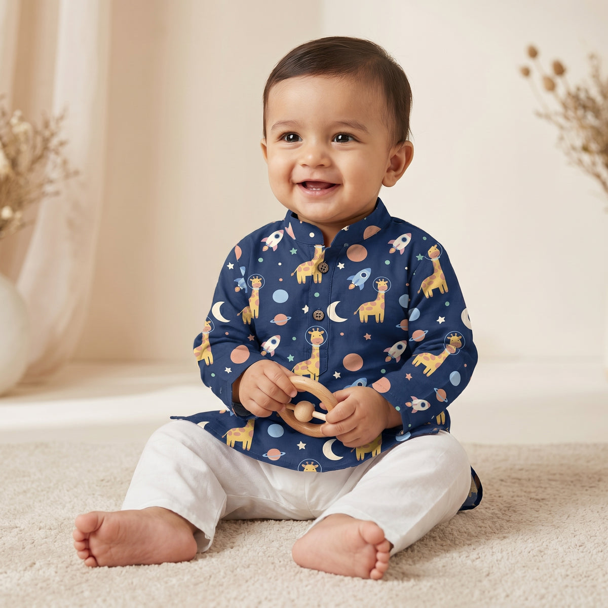 MiniBelly kids' cotton kurta pajama set with cute cartoon astronaut giraffes, rockets, and planets in soft striped cream fabric.