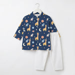 MiniBelly kids' cotton kurta pajama set with cute cartoon astronaut giraffes, rockets, and planets in soft cream stripes for babies 0-9 months