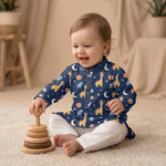 MiniBelly kids' cotton kurta pajama set with cute cartoon astronaut giraffes, rockets, and planets in space design.