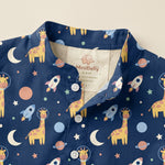 MiniBelly kids' cotton kurta pajama set with cute cartoon astronaut giraffes, space rockets, and planets in soft cream stripes.