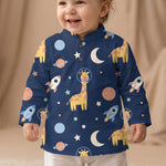 MiniBelly kids' cotton kurta pajama set with cute cartoon astronaut giraffes, space rockets, and planets for infants and toddlers.
