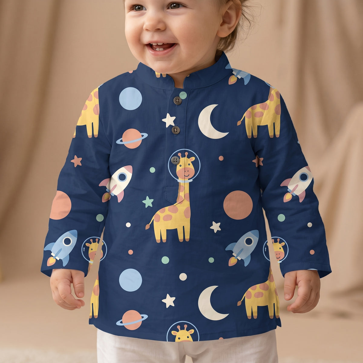 MiniBelly kids' cotton kurta pajama set with cute cartoon astronaut giraffes, space rockets, and planets for infants and toddlers.