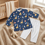 MiniBelly kids' cotton kurta pajama set with cute cartoon astronaut giraffes, rockets, and planets in soft cream stripes for ages 0-9 months