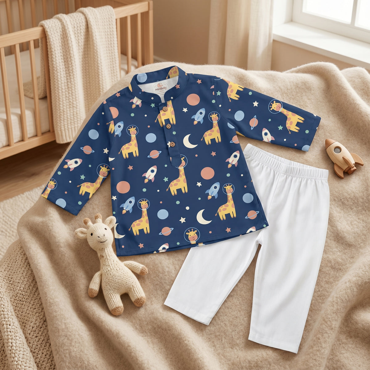 MiniBelly kids' cotton kurta pajama set with cute cartoon astronaut giraffes, rockets, and planets in soft cream stripes for ages 0-9 months