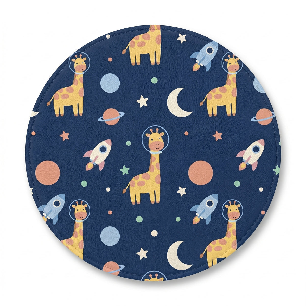 MiniBelly kids' cotton kurta pajama set with cute cartoon astronaut giraffes, rockets, and planets in soft cream stripes for ages 0-9 months