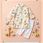 MiniBelly kids' cotton kurta pajama set with cute cartoon astronauts, giraffes, rockets, and planets on soft striped fabric for ages 0-9 months.