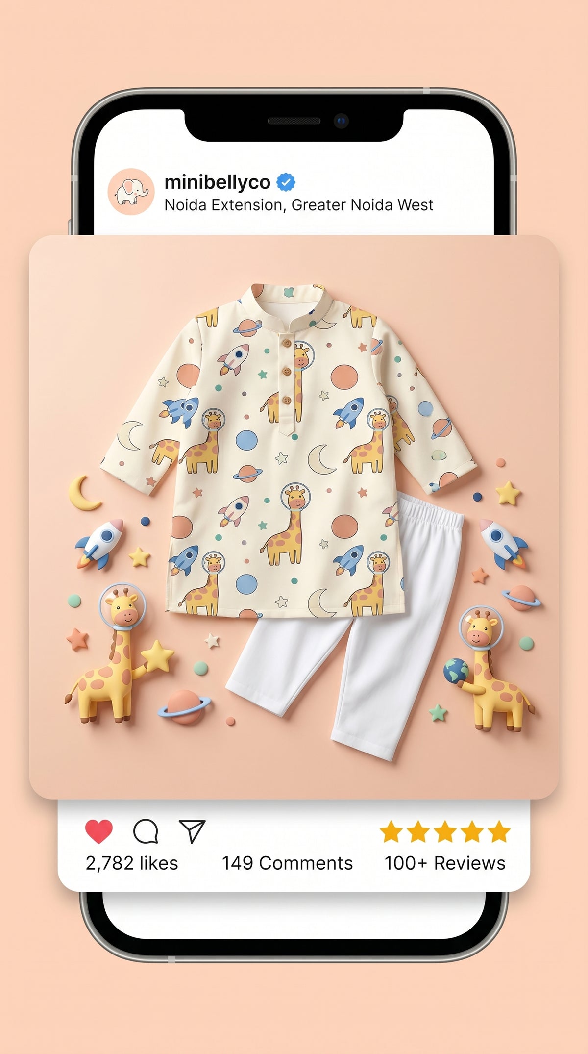 MiniBelly kids' cotton kurta pajama set with cute cartoon astronauts, giraffes, rockets, and planets on soft striped fabric for ages 0-9 months.