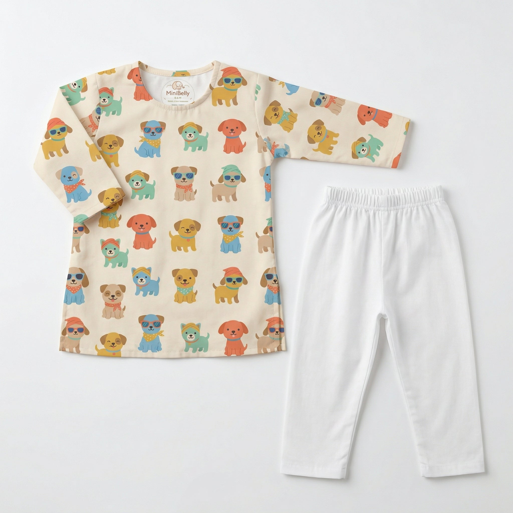 MiniBelly Kurta Pajama Set Cute cartoon puppies wearing sunglasses and bandanas seamless print 100% Cotton - minibelly