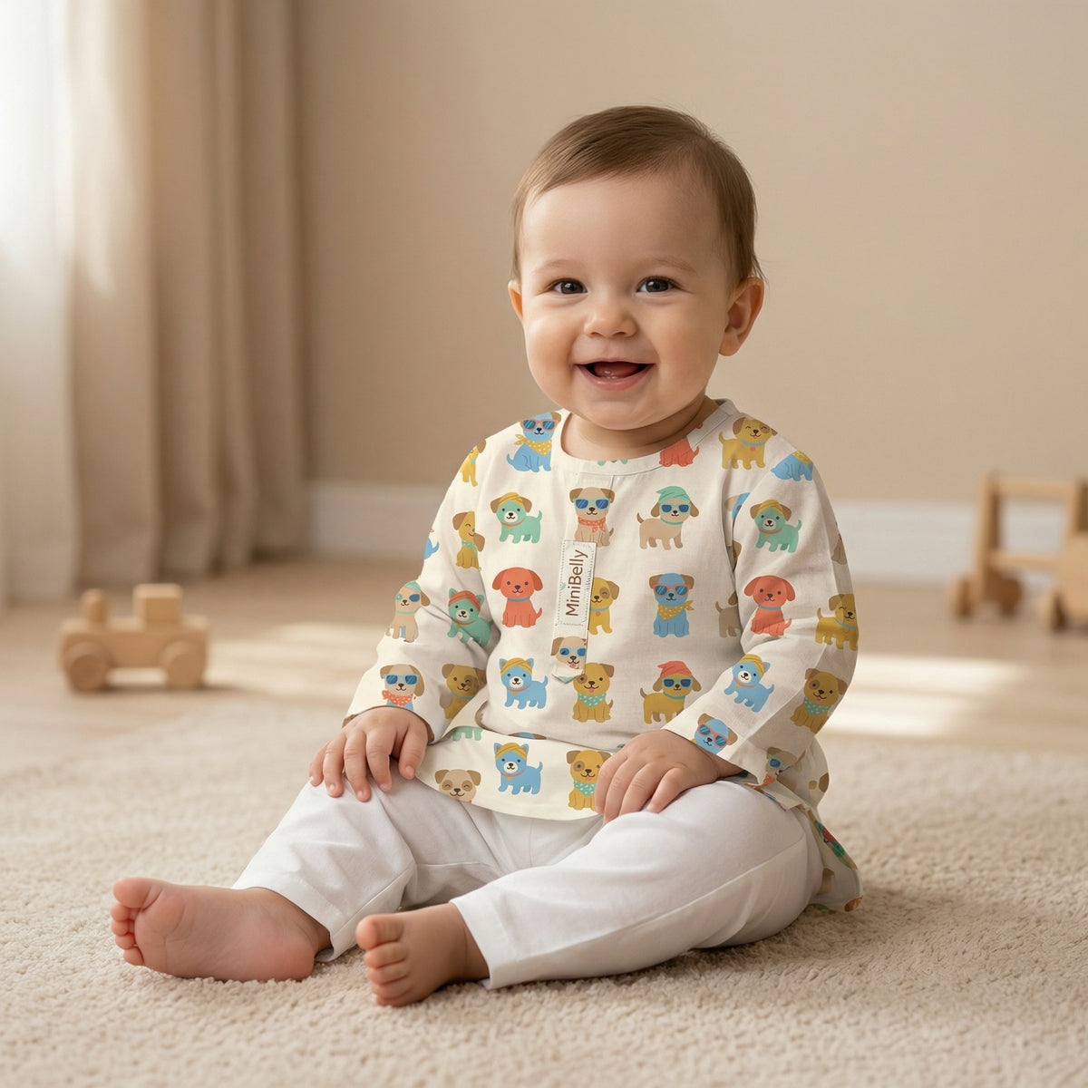 MiniBelly Kurta Pajama Set Cute cartoon puppies wearing sunglasses and bandanas seamless print 100% Cotton - minibelly