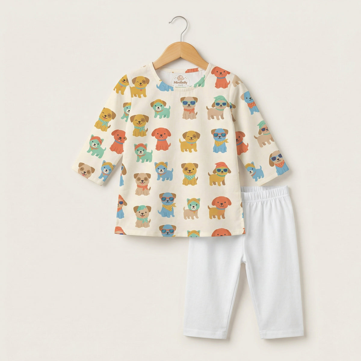 MiniBelly Kurta Pajama Set Cute cartoon puppies wearing sunglasses and bandanas seamless print 100% Cotton - minibelly