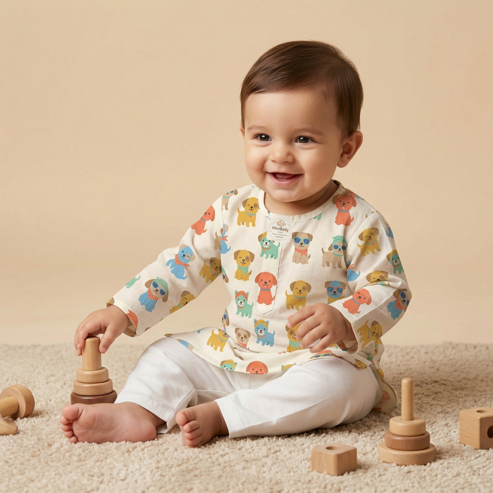 MiniBelly Kurta Pajama Set Cute cartoon puppies wearing sunglasses and bandanas seamless print 100% Cotton - minibelly