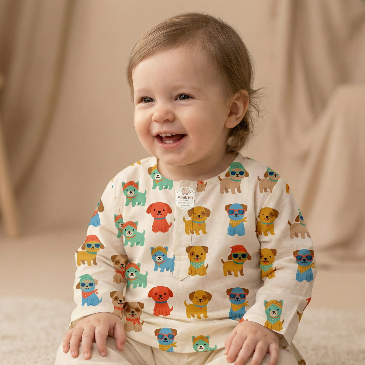 MiniBelly Kurta Pajama Set Cute cartoon puppies wearing sunglasses and bandanas seamless print 100% Cotton - minibelly