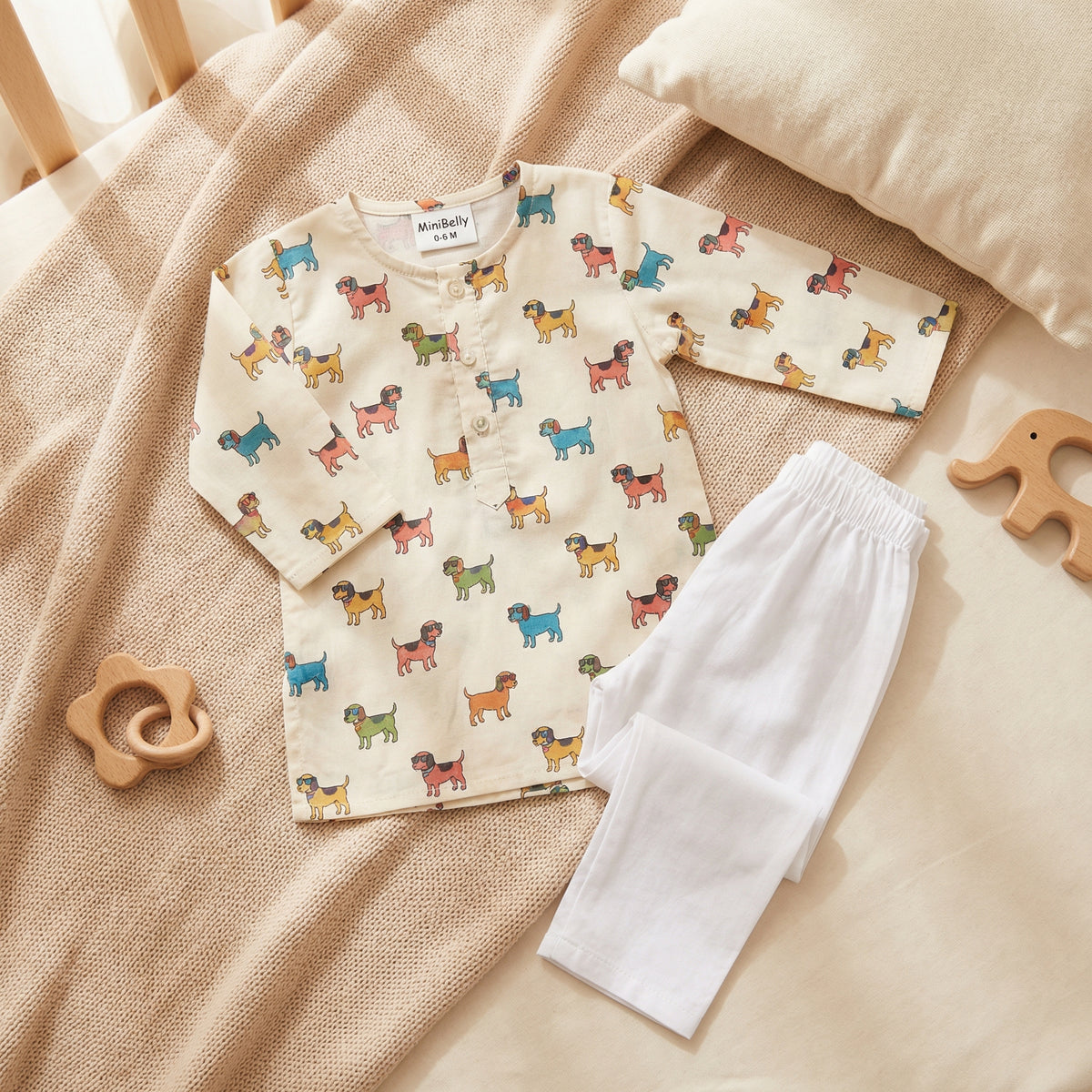 MiniBelly Kurta Pajama Set Cute cartoon puppies wearing sunglasses and bandanas seamless print 100% Cotton - minibelly