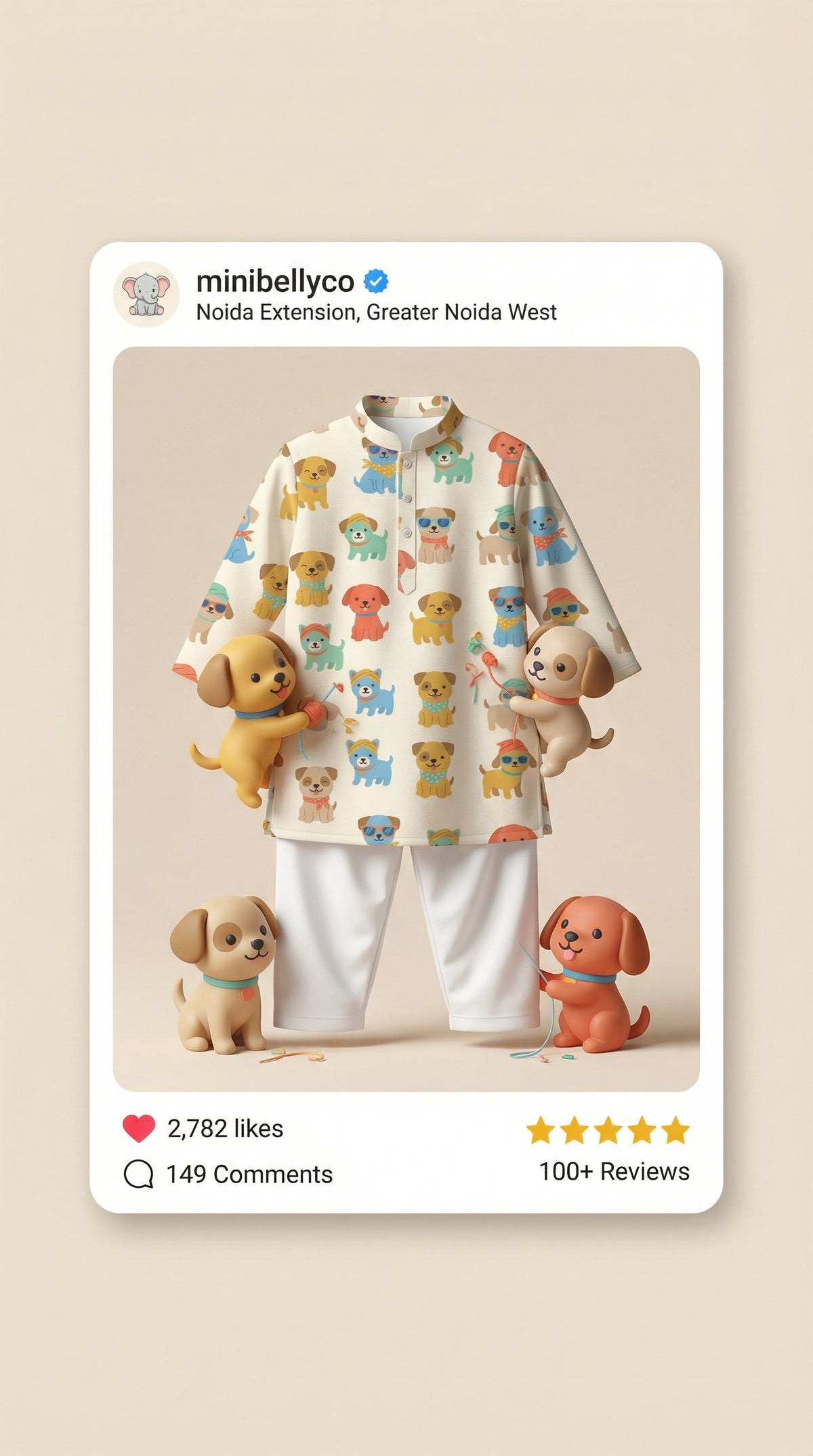 MiniBelly Kurta Pajama Set Cute cartoon puppies wearing sunglasses and bandanas seamless print 100% Cotton - minibelly