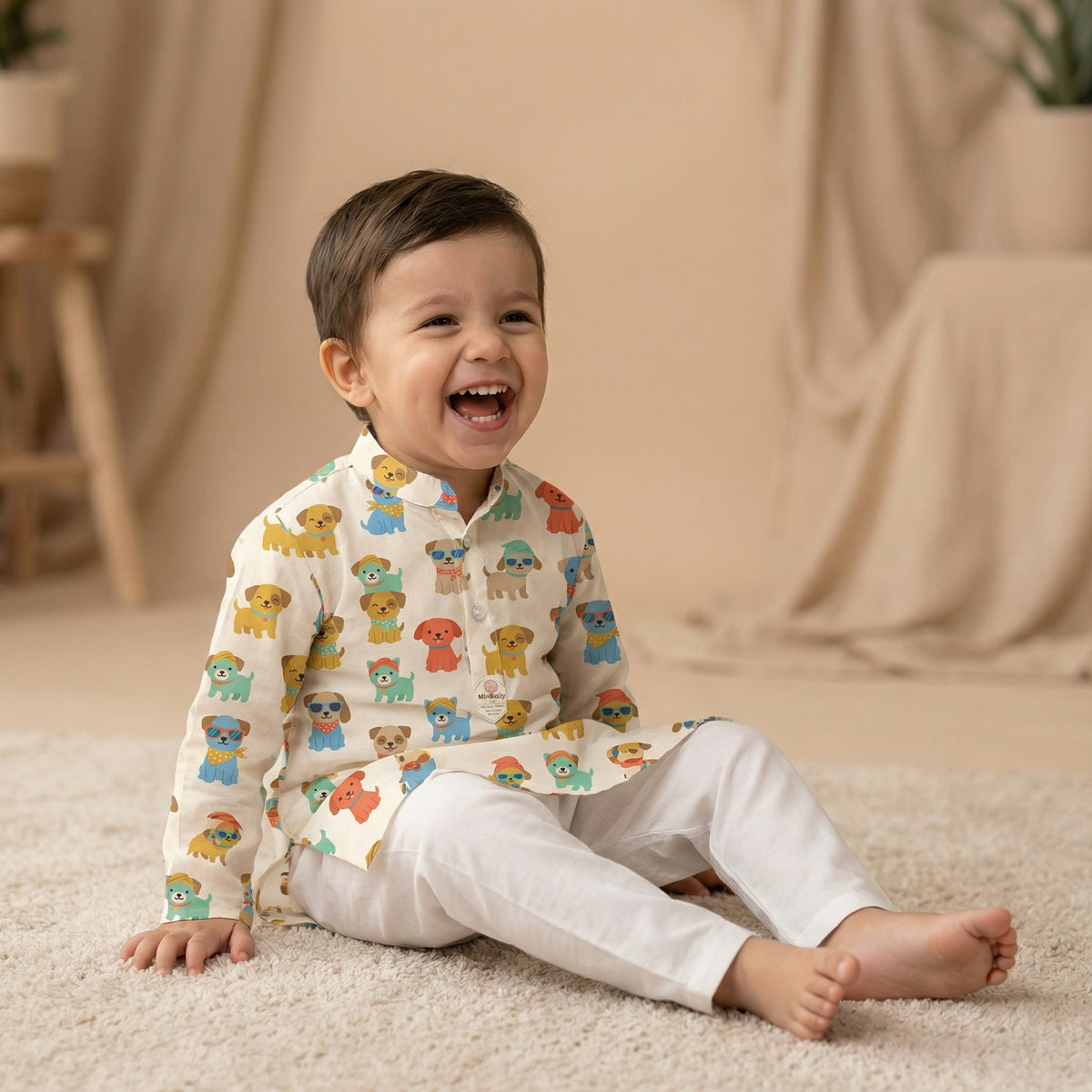MiniBelly Kurta Pajama Set Cute cartoon puppies wearing sunglasses and bandanas seamless print 100% Cotton - minibelly