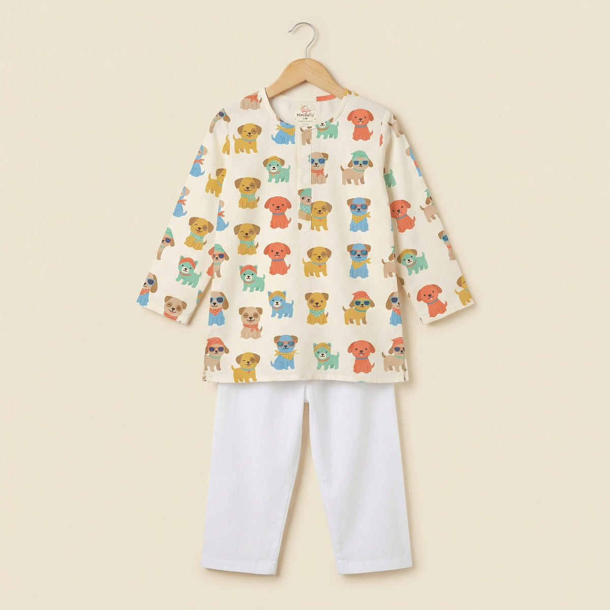 MiniBelly Kurta Pajama Set Cute cartoon puppies wearing sunglasses and bandanas seamless print 100% Cotton - minibelly