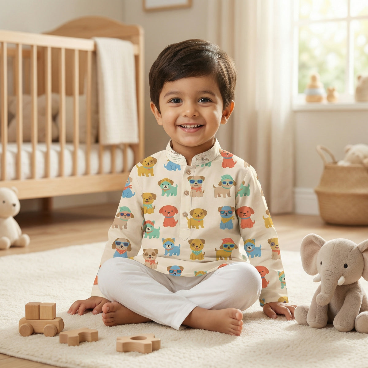 MiniBelly Kurta Pajama Set Cute cartoon puppies wearing sunglasses and bandanas seamless print 100% Cotton - minibelly