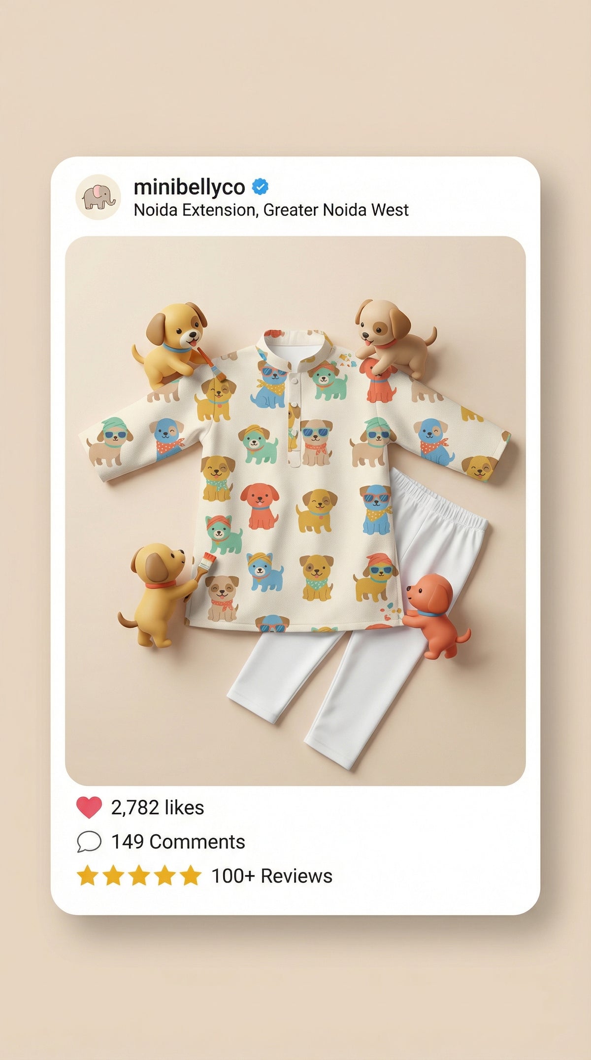 MiniBelly Kurta Pajama Set Cute cartoon puppies wearing sunglasses and bandanas seamless print 100% Cotton - minibelly