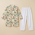 MiniBelly kids cotton kurta pajama set with soft striped fabric featuring whimsical woodland village and animal designs.