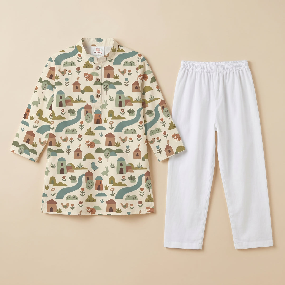 MiniBelly kids cotton kurta pajama set with soft striped fabric featuring whimsical woodland village and animal designs.