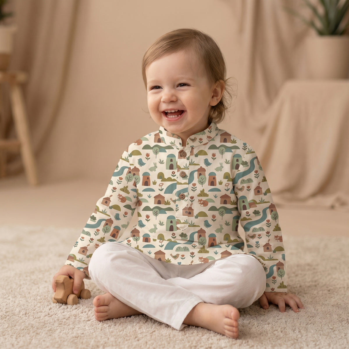 MiniBelly kids kurta pajama set with whimsical woodland village print, soft cotton fabric, cream color, for ages 0-4 years