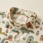 MiniBelly kids' cotton kurta pajama set with soft striped fabric, featuring whimsical woodland village animal and house designs.