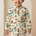 MiniBelly kids' cream cotton kurta pajama set with soft stripes, featuring whimsical woodland village with animals and houses.