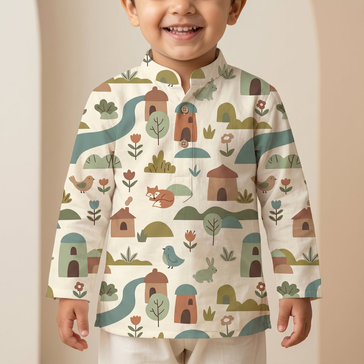MiniBelly kids' cream cotton kurta pajama set with soft stripes, featuring whimsical woodland village with animals and houses.
