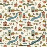 MiniBelly kids' kurta pajama set in soft striped cream cotton with whimsical woodland village animal and house designs.