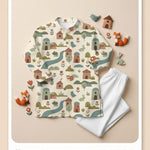 MiniBelly kids' cotton kurta pajama set with soft striped fabric, featuring whimsical woodland village with animals and houses.
