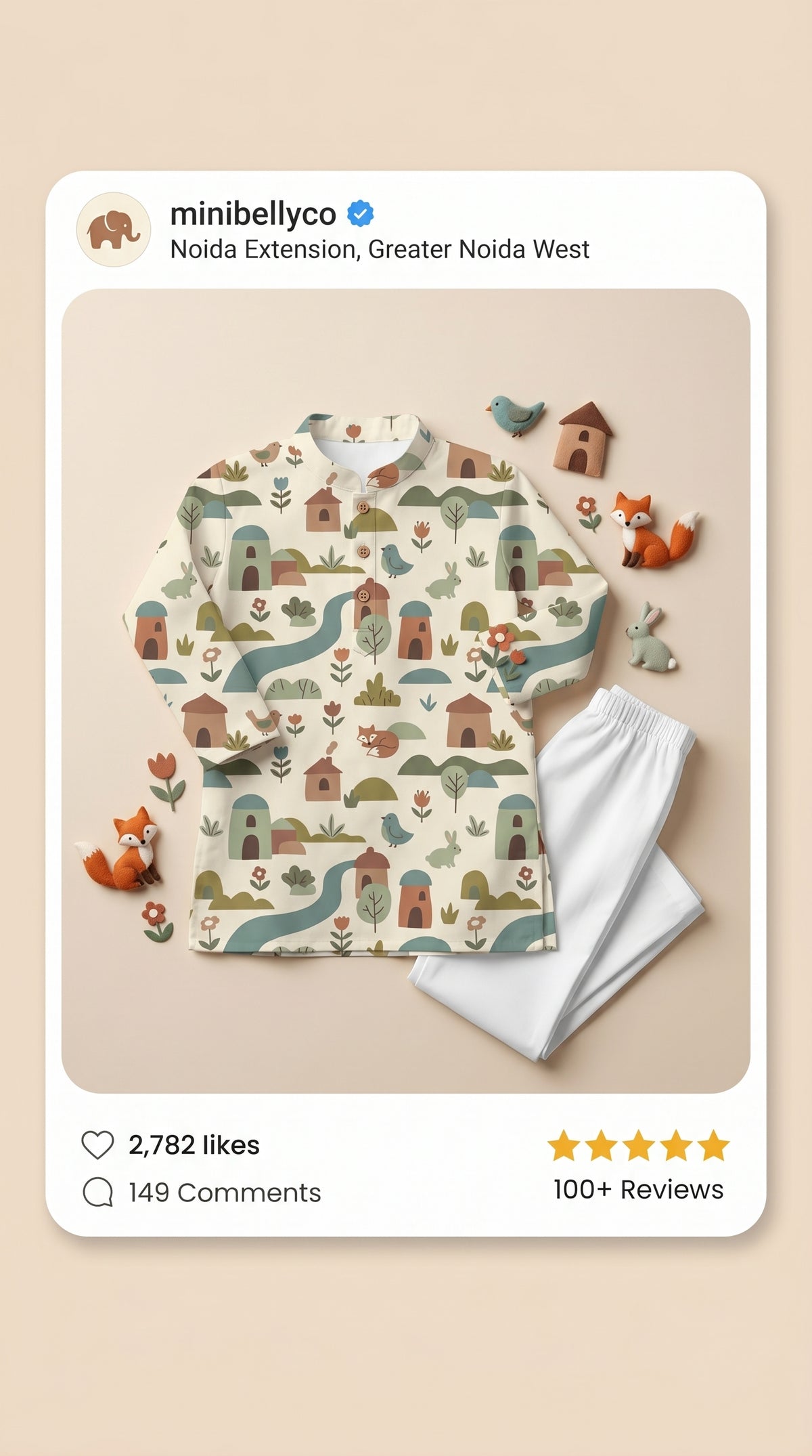 MiniBelly kids' cotton kurta pajama set with soft striped fabric, featuring whimsical woodland village with animals and houses.