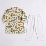MiniBelly kids' cream cotton kurta pajama set with whimsical woodland village print featuring animals and houses.