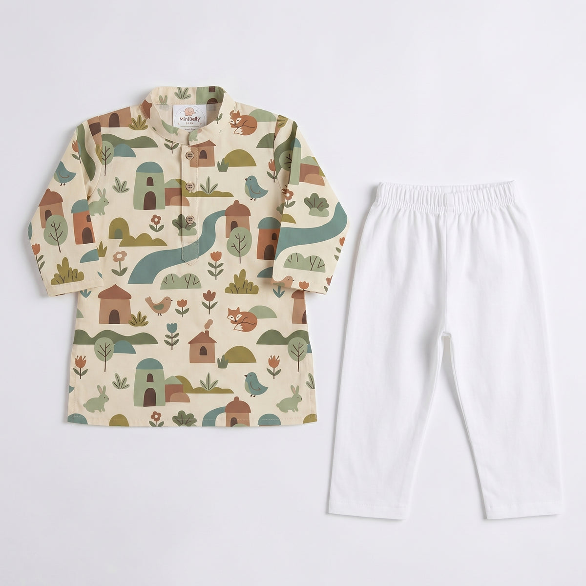 MiniBelly kids' cream cotton kurta pajama set with whimsical woodland village print featuring animals and houses.