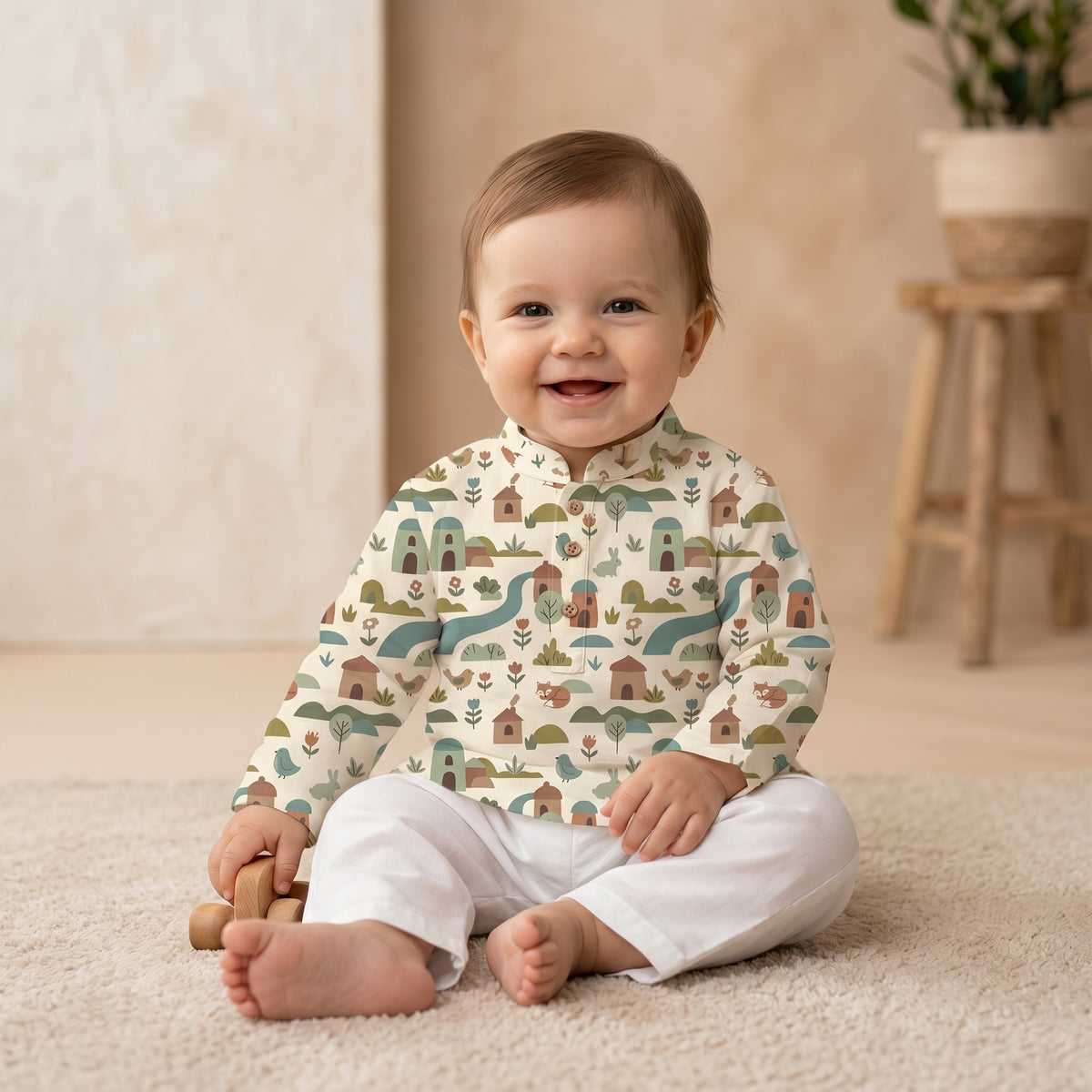 MiniBelly kids' cotton kurta pajama set with whimsical woodland village print featuring animals and houses for ages 0-9 months.