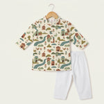 MiniBelly kids' cream cotton kurta pajama set with soft striped fabric featuring whimsical woodland village with animals and houses.