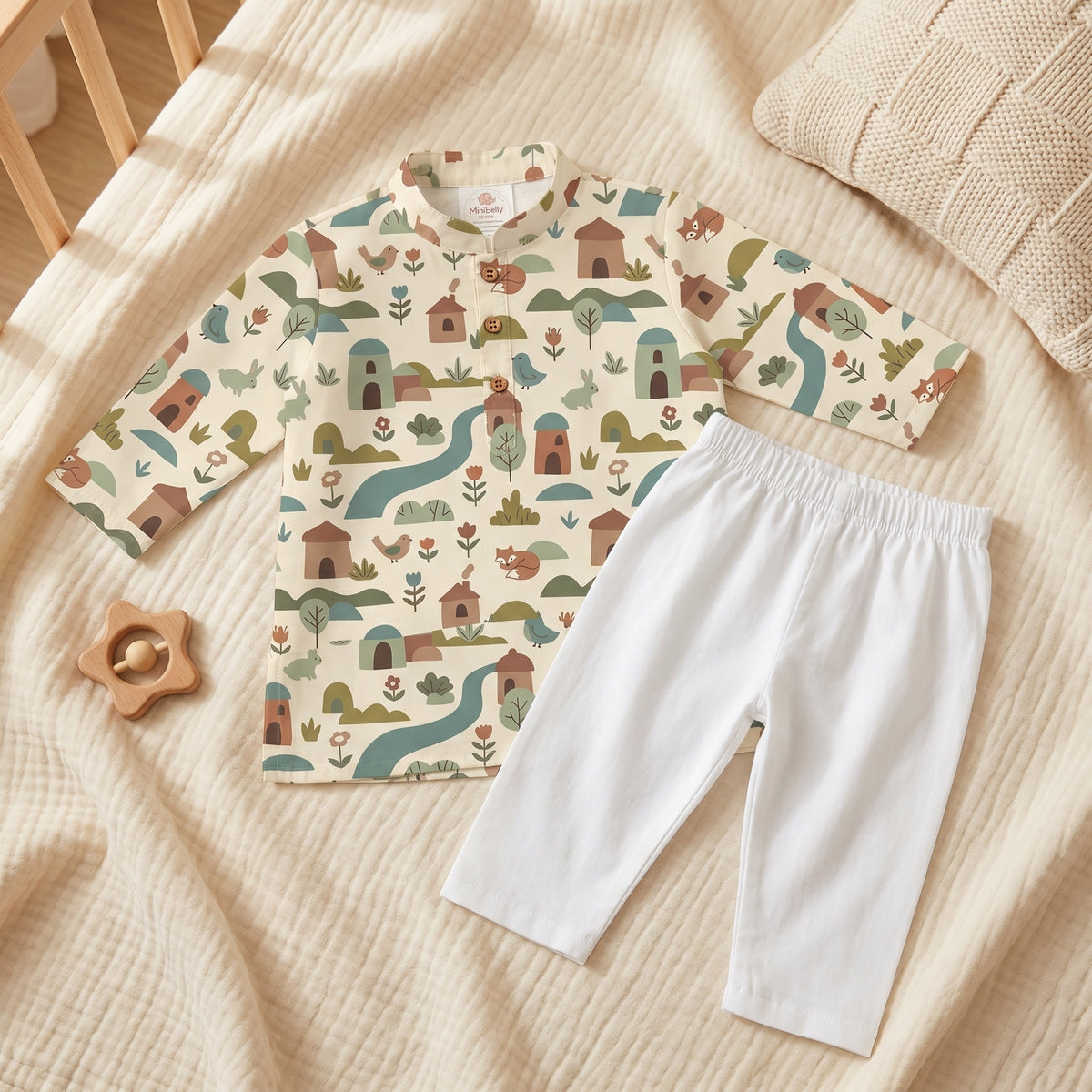 MiniBelly kids' cream cotton kurta pajama set with whimsical woodland village print featuring animals and houses.