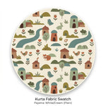 MiniBelly kids' cotton kurta pajama set with soft stripe fabric in cream, featuring whimsical woodland village with animals and houses.