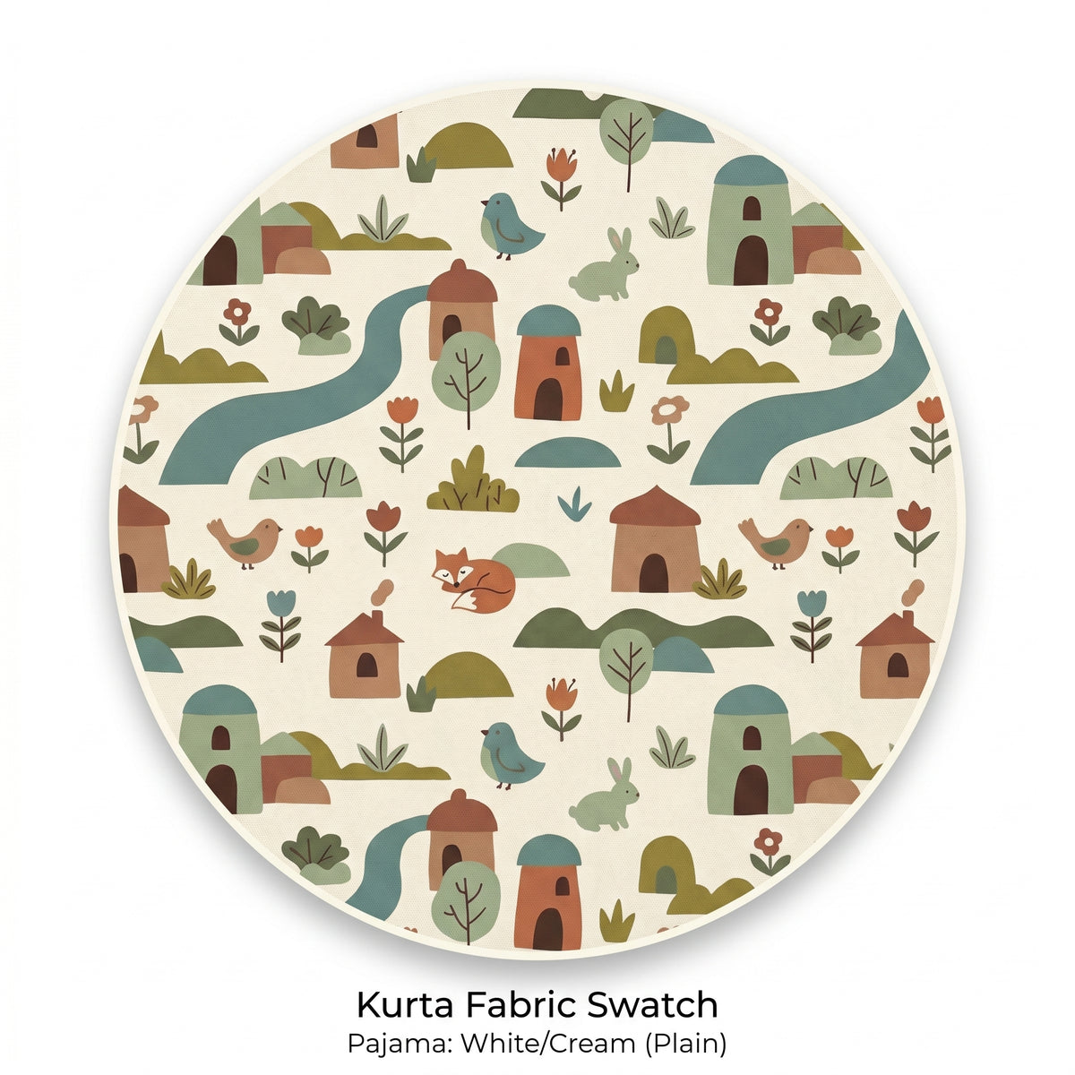 MiniBelly kids' cotton kurta pajama set with soft stripe fabric in cream, featuring whimsical woodland village with animals and houses.