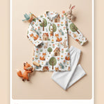 MiniBelly kids' cream cotton kurta pajama set with soft stripe fabric featuring whimsical woodland village and animal prints