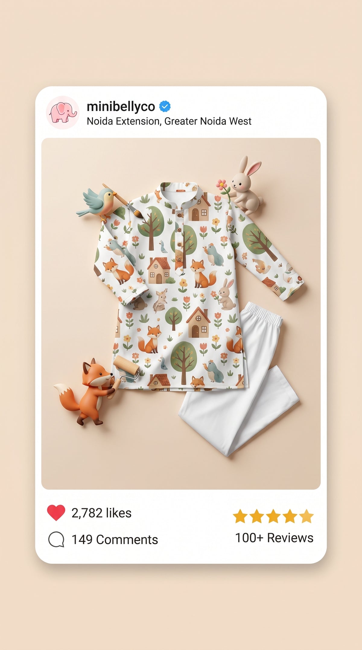 MiniBelly kids' cream cotton kurta pajama set with soft stripe fabric featuring whimsical woodland village and animal prints