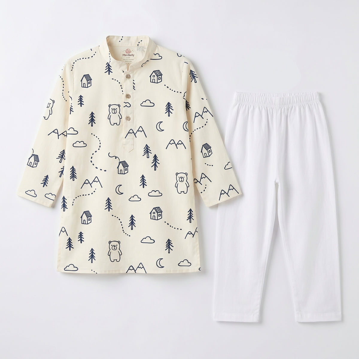 MiniBelly kids' cotton kurta pajama set with woodland bears, houses, and trees in soft cream stripes for ages 0-4 years.