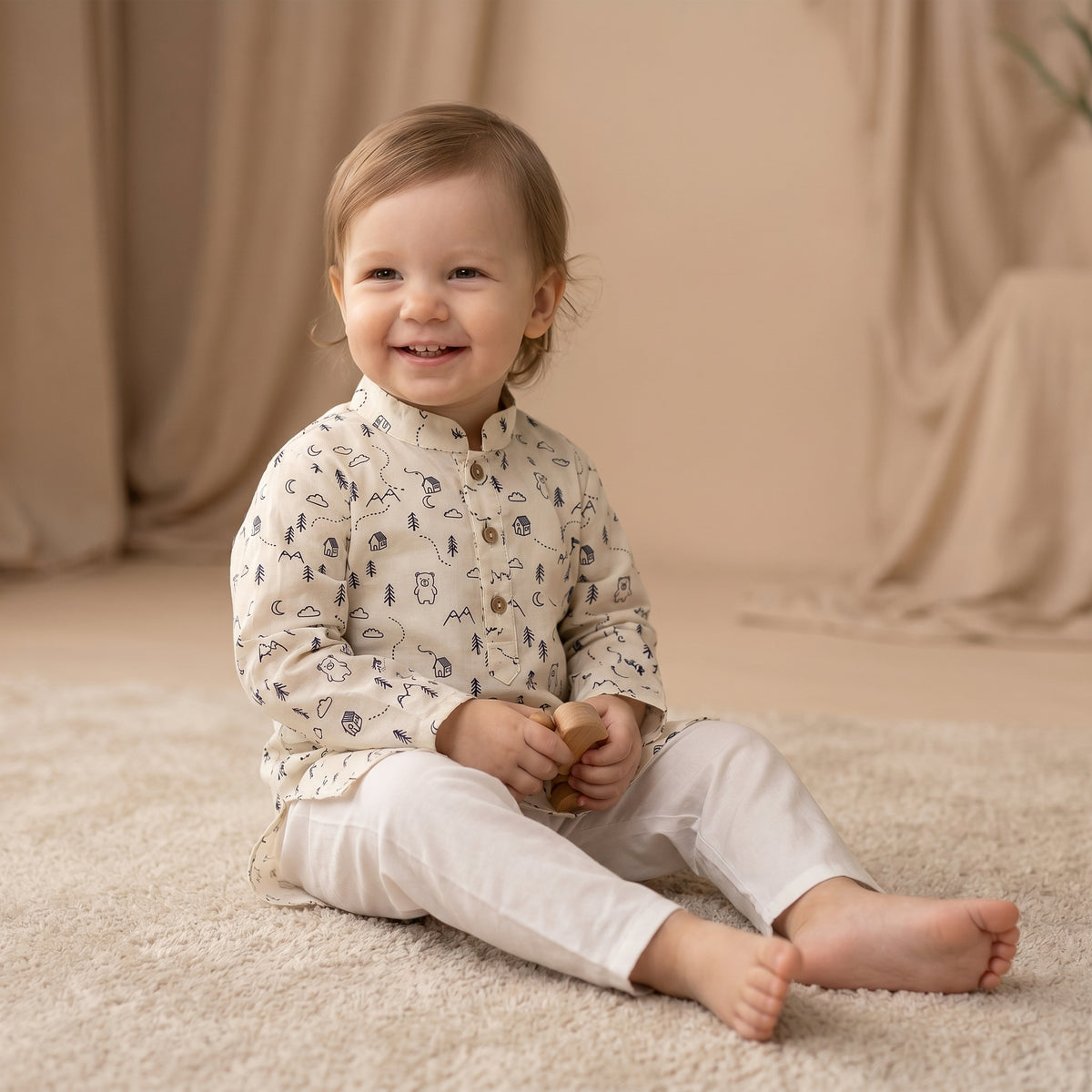 MiniBelly kids' cotton kurta pajama set with woodland bears, houses, and trees in soft cream stripes for ages 0-4 years.