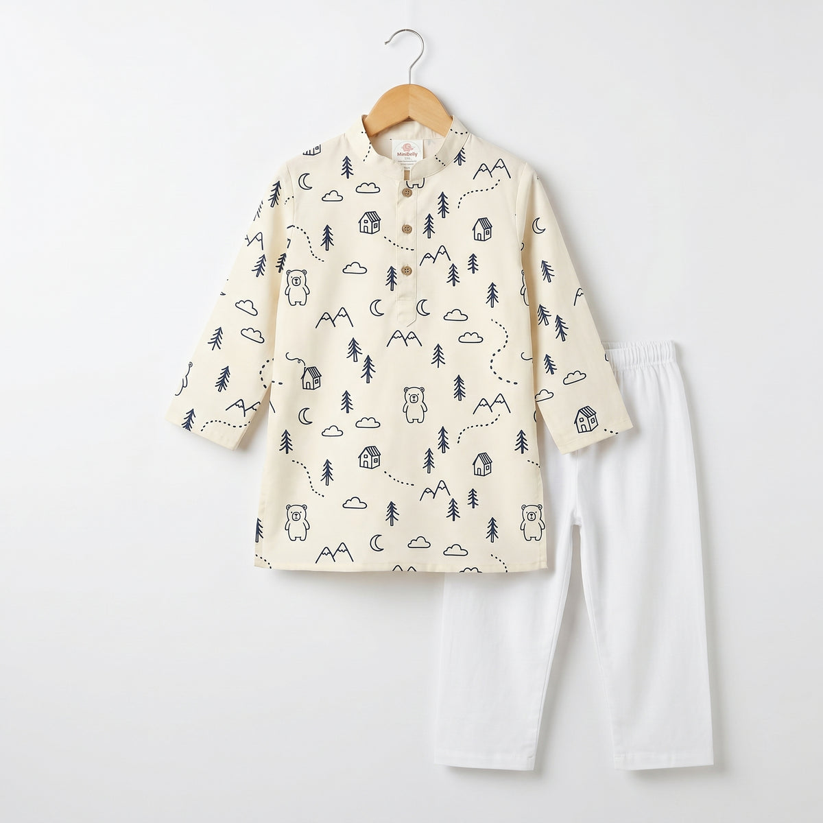MiniBelly kids' cotton kurta pajama set with woodland bear, house, and tree print in soft cream stripes for ages 0-4 years.