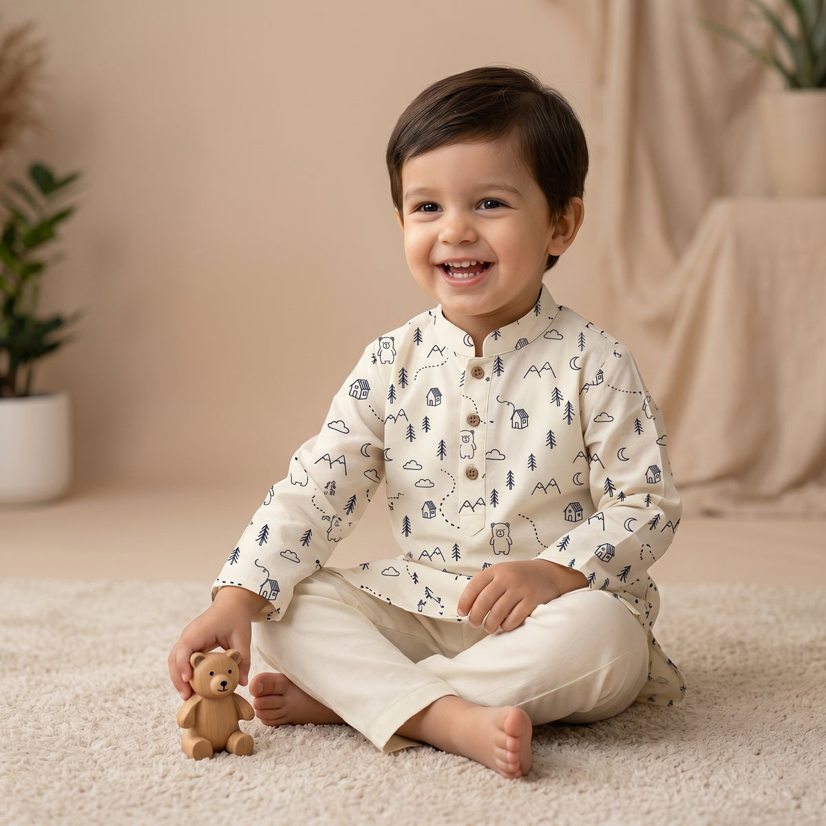 MiniBelly kids' cotton kurta pajama set with woodland bears, houses, and trees in soft cream stripes for 0-4 years.