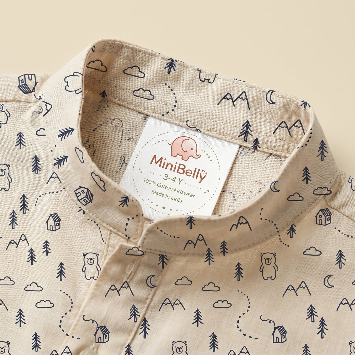 MiniBelly kids' cotton kurta pajama set with woodland bear, house, and tree print for ages 0-4 years.