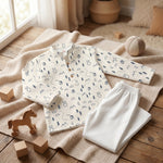 MiniBelly kids' cotton kurta pajama set with woodland bears, houses, and trees in soft cream stripes for ages 0-4 years.