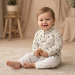 MiniBelly kids' cotton kurta pajama set with woodland bears, houses, and trees in soft cream stripes.