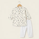 MiniBelly kids' cotton kurta pajama set with woodland bear, house, and tree print in soft cream stripes for ages 0-9 months.