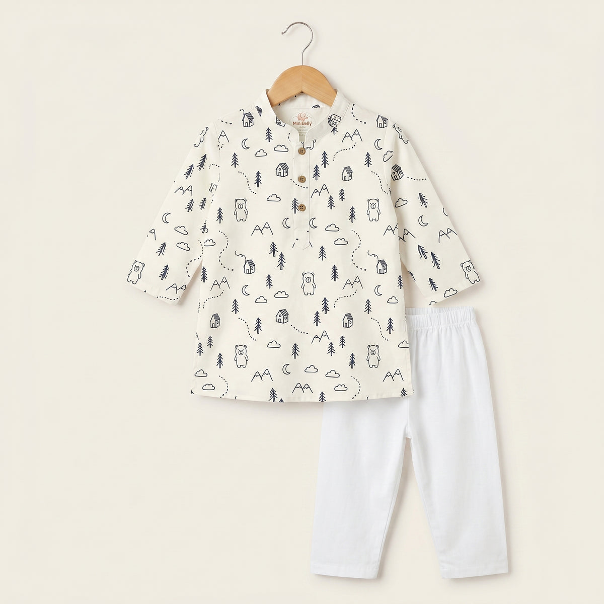 MiniBelly kids' cotton kurta pajama set with woodland bear, house, and tree print in soft cream stripes for ages 0-9 months.