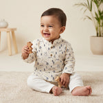 MiniBelly kids' cotton kurta pajama set with woodland bears, houses, and trees in cream, soft striped fabric for ages 0-9 months.